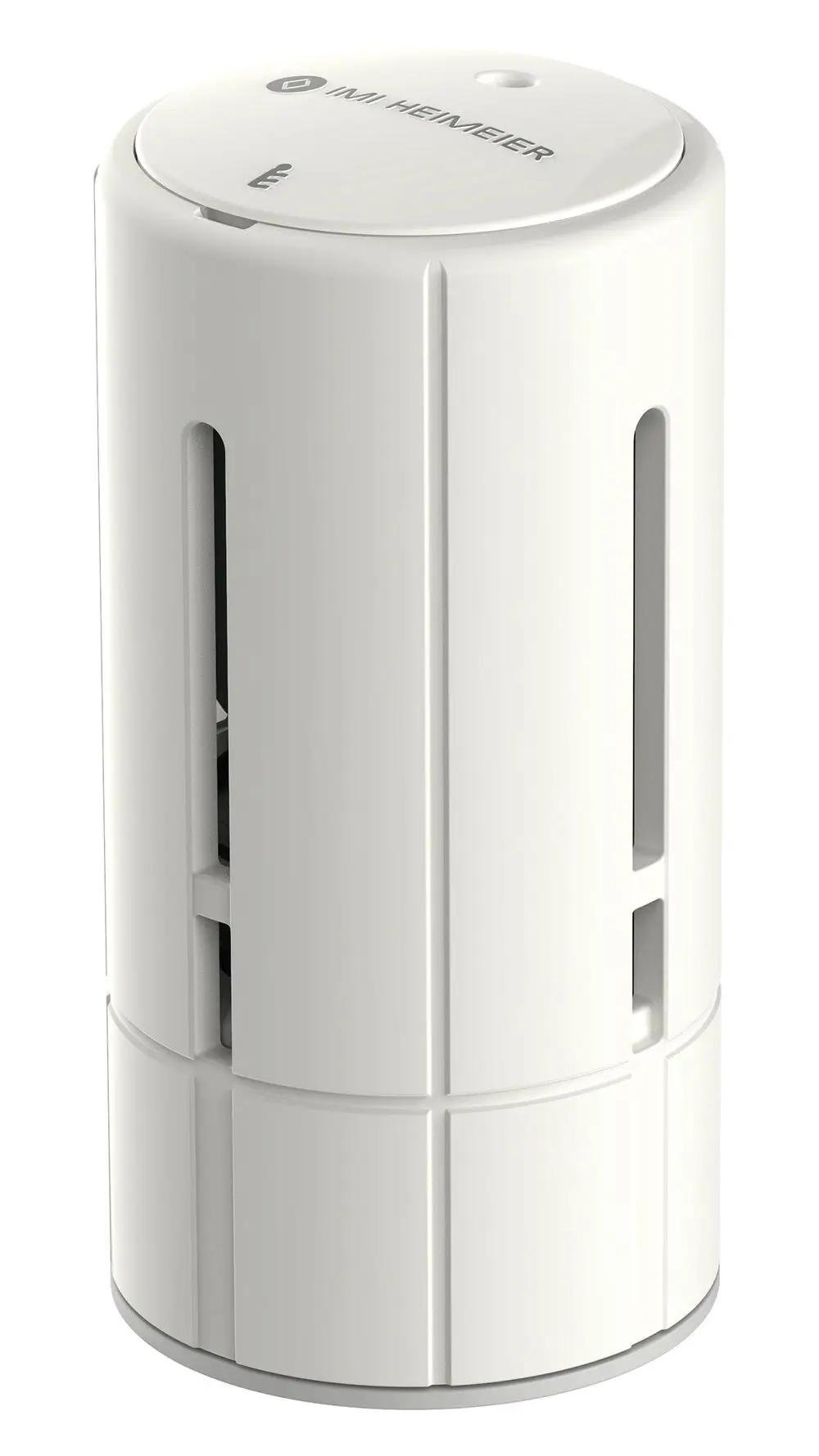 Weißer Thermostatkopf mit integriertem Sensor, hergestellt von IMI Hydronic Engineering. Zylindrische Form mit schmalen Schlitzen für Luftzirkulation.